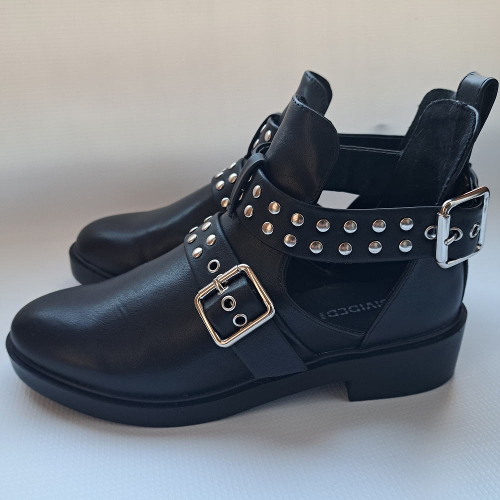 Black Studded Cut-Out Ankle Booties Straps Biker Motorcycle Edgy